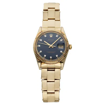Pre-owned Rolex 1986  Oyster Perpetual Date 15037 14k Yg Dark Blue Diamond Dial Auto 34 Mm