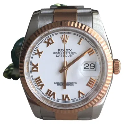 Pre-owned Rolex 2015  Date-just Rose Gold & Steel 116231 Watch White Roman Box & Papers