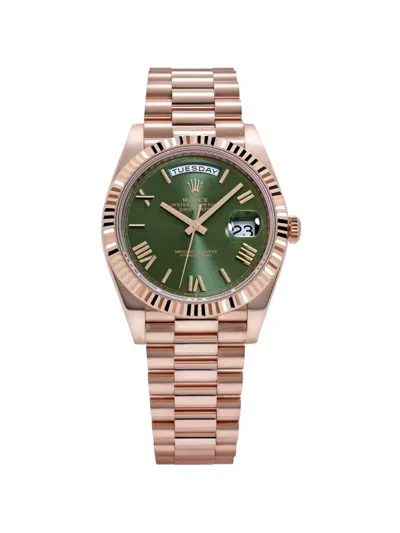 Pre-owned Rolex 2023 Day-date Rose Gold Olive Dial 40mm Watch In Green