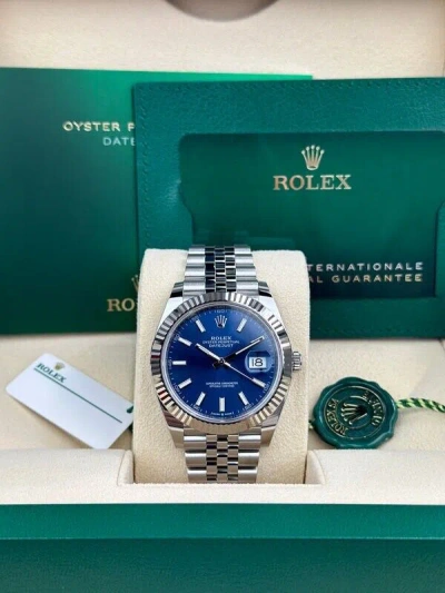 Pre-owned Rolex 2024  Datejust 126334 Full Set - Fluted, Blue Stick Dial, Jubilee Bracelet