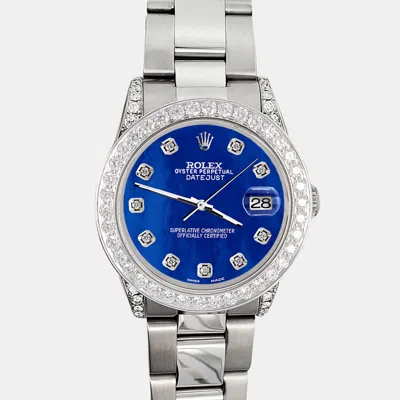 Pre-owned Rolex 2.1ct Bezel Lugs Royal Blue Mop Diamond Dial Steel Oyster Datejust Midsize Wristwatch 31mm