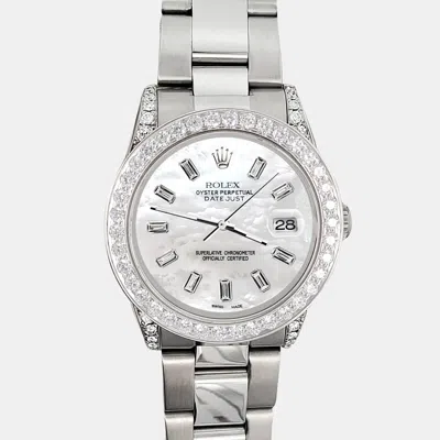 Pre-owned Rolex 2.1ct Bezel Lugs White Mop Baguette Diamond Dial Steel Oyster Datejust Midsize Wristwatch 31mm In Silver