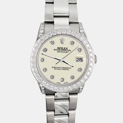 Pre-owned Rolex 2.1ct Diamond Bezel Lugs Satin Linen Dial Steel Oyster Datejust Midsize Wristwatch 31mm In White