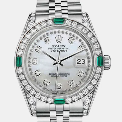 Pre-owned Rolex Customised White Mop Diamond Stainless Steel Datejust 68274 Automatic Women's Wristwatch 31mm