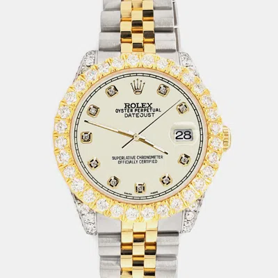Pre-owned Rolex 4.4ct Diamond Satin Linen Dial Bezel Datejust 31mm 178273 Wristwatch In Yellow