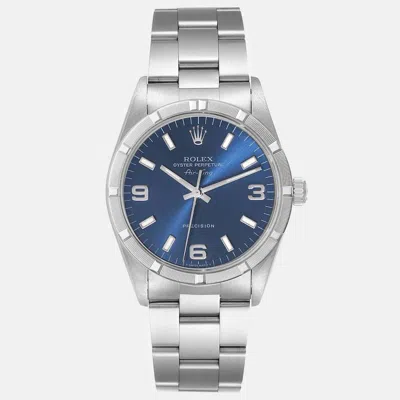 Pre-owned Rolex Air King Blue Dial Engine Turned Bezel Steel Men's Watch 34 Mm