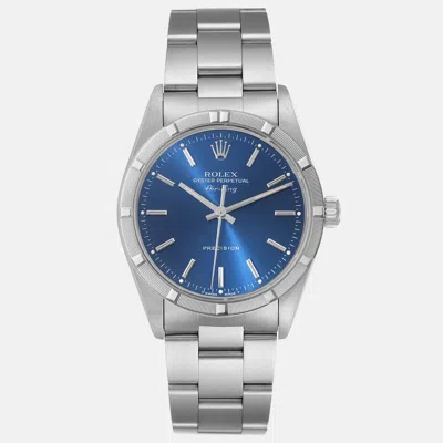Pre-owned Rolex Air King Engine Turned Bezel Blue Dial Steel Men's Watch 34 Mm