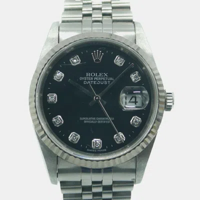 Pre-owned Rolex Black 18k White Gold Stainless Steel And Diamond Datejust 16234g Men's Wristwatch 36mm