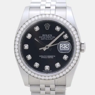 Pre-owned Rolex Black 18k White Gold Stainless Steel Diamond Datejust 116244 Automatic Men's Wristwatch 36 Mm
