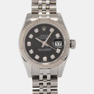 Pre-owned Rolex Black 18k White Gold Stainless Steel Diamond Datejust 179174 Automatic Women's Wristwatch 26 Mm