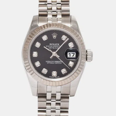 Pre-owned Rolex Black 18k White Gold Stainless Steel Diamond Datejust 179174 Automatic Women's Wristwatch 26 Mm