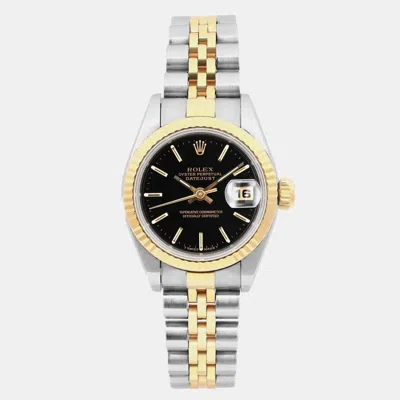 Pre-owned Rolex Black 18k Yellow Gold Stainless Steel Datejust 69173 Automatic Women's Wristwatch 26 Mm