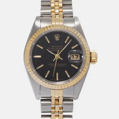 Pre-owned Rolex Black 18k Yellow Gold Stainless Steel Datejust 69173 Automatic Women's Wristwatch 26 Mm