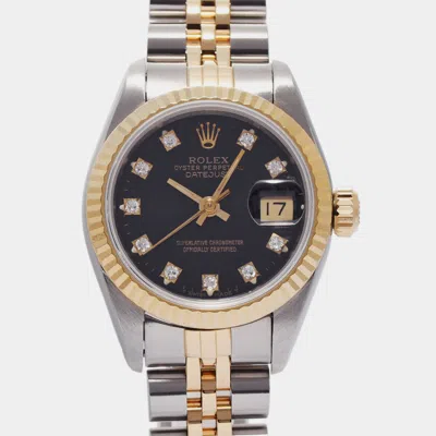 Pre-owned Rolex Black 18k Yellow Gold Stainless Steel Diamond Datejust 69173 Automatic Women's Wristwatch 26 Mm
