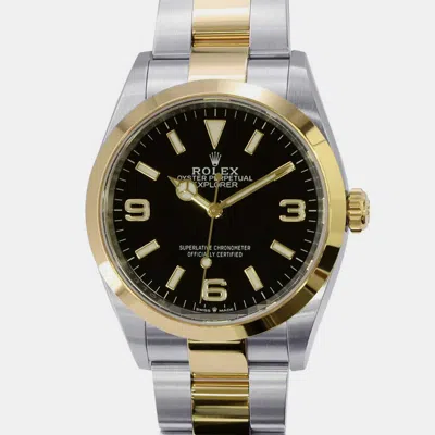 Pre-owned Rolex Black 18k Yellow Gold Stainless Steel Explorer 124273 Automatic Men's Wristwatch 36 Mm