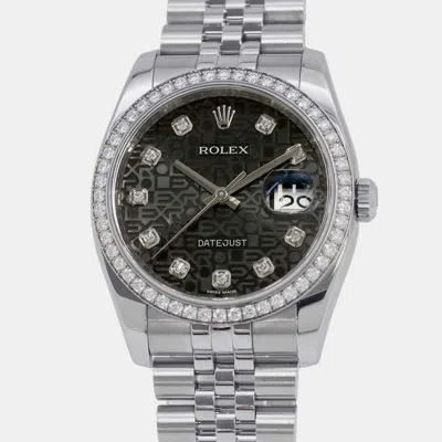 Pre-owned Rolex Black Diamond 18k White Gold Stainless Steel Datejust Automatic Men's Wristwatch 36 Mm