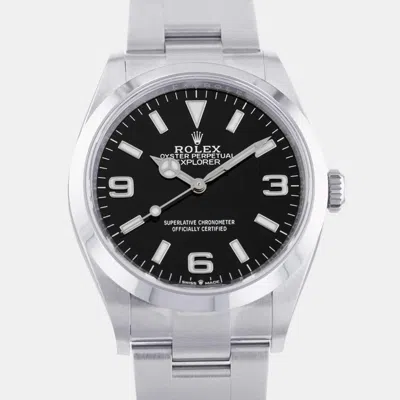 Pre-owned Rolex Black Stainless Steel Explorer Automatic Men's Wristwatch 36 Mm