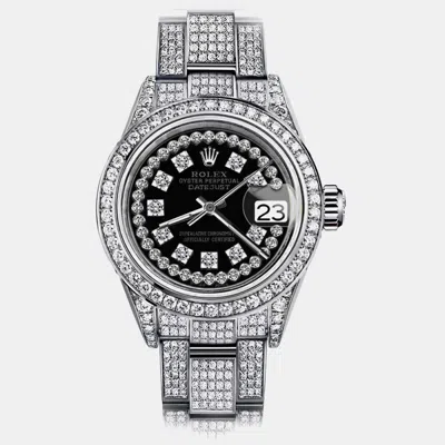 Pre-owned Rolex Black String 31mm Datejust Steel Iced Out Natural Diamonds