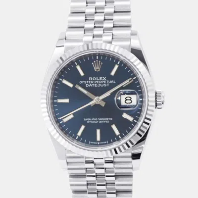 Pre-owned Rolex Blue 18k White Gold Stainless Steel Datejust Automatic Men's Wristwatch 36 Mm