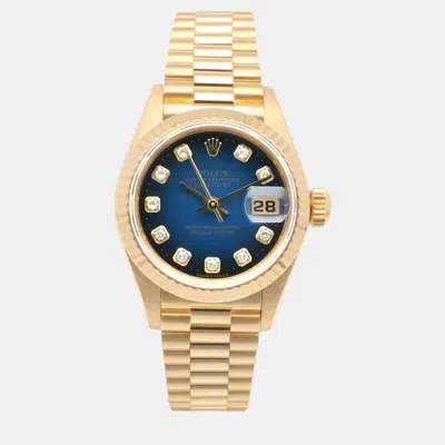 Pre-owned Rolex Blue 18k Yellow Gold Diamond Datejust 69178 Automatic Women's Wristwatch 26 Mm