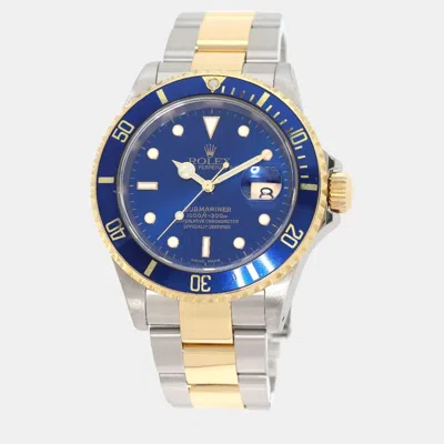 Pre-owned Rolex Blue 18k Yellow Gold Stainless Steel Submariner 16613 Automatic Men's Wristwatch 40 Mm