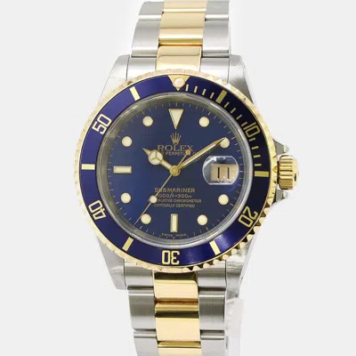 Pre-owned Rolex Blue 18k Yellow Gold Stainless Steel Submariner 16613 Automatic Men's Wristwatch 40 Mm
