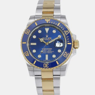 Pre-owned Rolex Blue 18k Yellow Gold Stainless Steel Submariner Automatic Men's Wristwatch 40 Mm