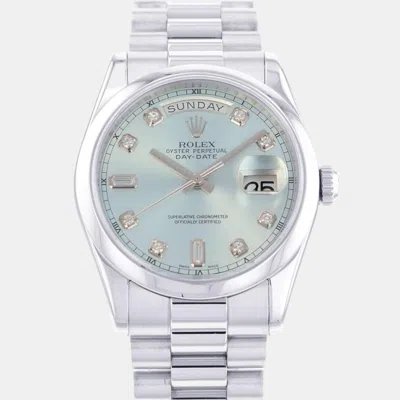 Pre-owned Rolex Blue Platinum Diamond Day-date Automatic Men's Wristwatch 36 Mm