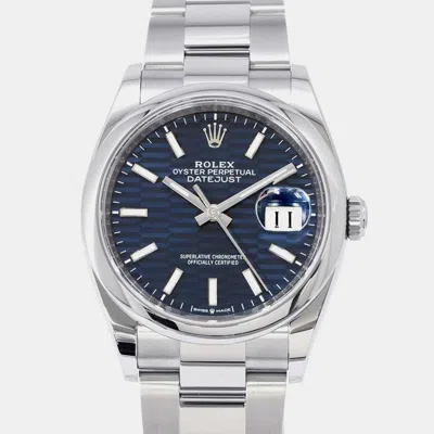 Pre-owned Rolex Blue Stainless Steel Datejust Automatic Men's Wristwatch 36 Mm