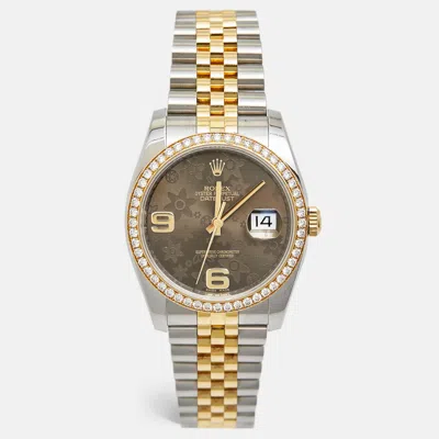 Pre-owned Rolex Brown Flower Motif 18k Yellow Gold Diamond Stainless Steel Datejust 116243 Unisex Wristwatch 36 Mm