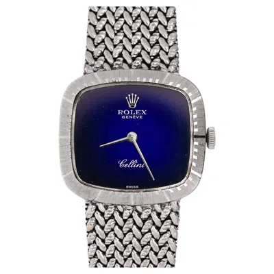 Pre-owned Rolex Cellini 4082 Blue Vignette Dial 24mm Woven 18k White Gold Mesh Watch