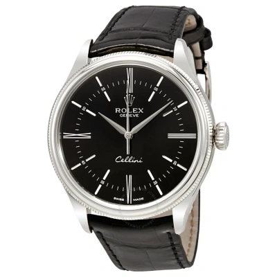 Rolex Cellini Time Black Dial Automatic Men's 18 Carat White Gold Watch 50509bksl In Black / Gold / Gold Tone / White
