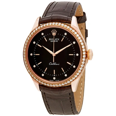 Rolex Cellini Time Black Diamond Dial Automatic Men's Leather Watch 50705bkdl
