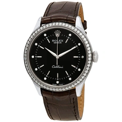 Rolex Cellini Time Black Diamond Dial Ladies Alligator Leather Watch 50709bkdl In Blue