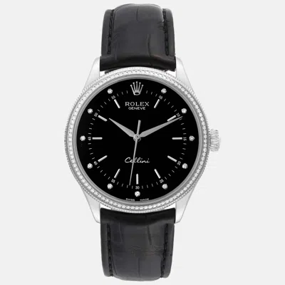 Pre-owned Rolex Cellini Time White Gold Black Dial Diamond Bezel Men's Watch 39 Mm