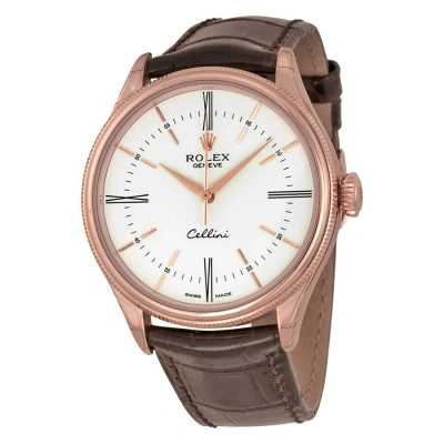 Rolex Cellini White Dial 18k Rose Gold Leather Men's Watch 50505wsrl In Brown