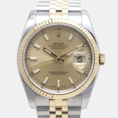 Pre-owned Rolex Champagne 18k Yellow Gold Stainless Steel Datejust 116233 Automatic Men's Wristwatch 36 Mm