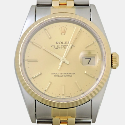 Pre-owned Rolex Champagne 18k Yellow Gold Stainless Steel Datejust 16233 Automatic Men's Wristwatch 36 Mm