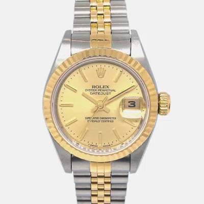Pre-owned Rolex Champagne 18k Yellow Gold Stainless Steel Datejust 69173 Automatic Women's Wristwatch 26 Mm