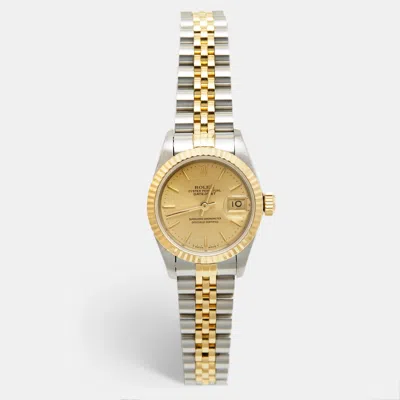 Pre-owned Rolex Champagne 18k Yellow Gold Stainless Steel Datejust 69173 Women's Wristwatch 26 Mm