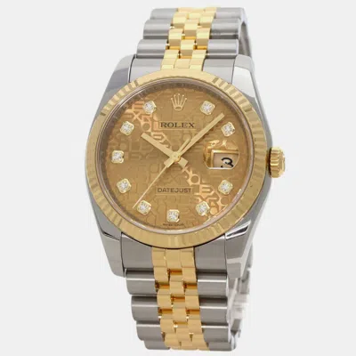 Pre-owned Rolex Champagne 18k Yellow Gold Stainless Steel Diamond Datejust 116233g Automatic Men's Wristwatch 36 Mm