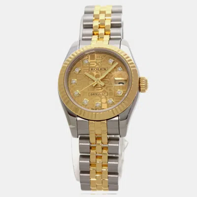 Pre-owned Rolex Champagne 18k Yellow Gold Stainless Steel Diamond Datejust 179173 Automatic Women's Wristwatch 33 Mm