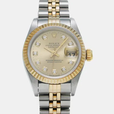 Pre-owned Rolex Champagne 18k Yellow Gold Stainless Steel Diamond Datejust 69173 Automatic Women's Wristwatch 26 Mm