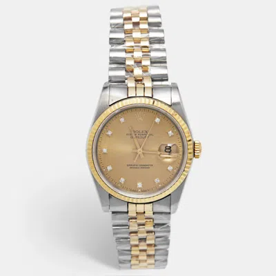 Pre-owned Rolex Champagne 18k Yellow Gold Stainless Steel Diamond Datejust Unisex Wristwatch 36 Mm In Silver