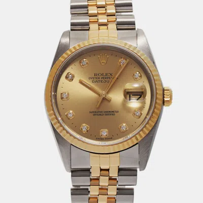 Pre-owned Rolex Champagne Diamond 18k Yellow Gold Stainless Steel Datejust 16233 Automatic Men's Wristwatch 36 Mm