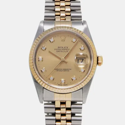 Pre-owned Rolex Champagne Diamond 18k Yellow Gold Stainless Steel Datejust 16233 Automatic Men's Wristwatch 36 Mm