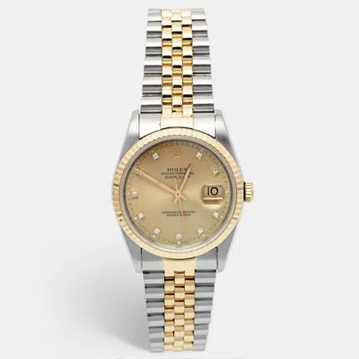 Pre-owned Rolex Champagne Diamond 18k Yellow Gold Stainless Steel Datejust 16233 Unisex Wristwatch 36 Mm