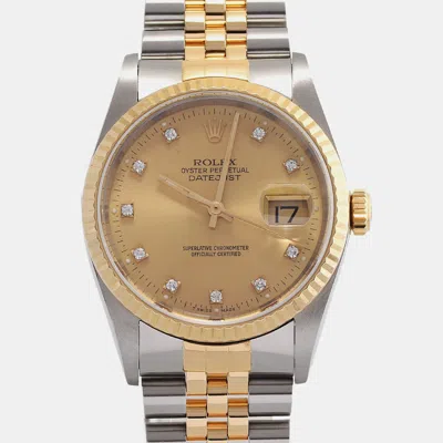 Pre-owned Rolex Champagne Diamond 18k Yellow Gold Stainless Steel Datejust Automatic Men's Wristwatch 36 Mm
