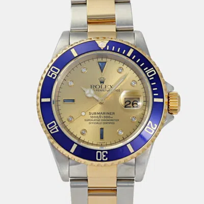Pre-owned Rolex Champagne Yellow Gold Stainless Steel Submariner Date 16613sg Men's Watch 40mm