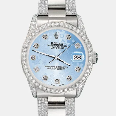 Pre-owned Rolex Custom 3.5ct Diamond Stainless Steel Datejust Automatic Women's Wristwatch 31 Mm In Blue